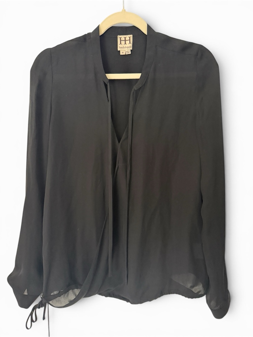 Haute Hippie 100% Silk Faux Wrap Tie Neck Blouse Black Size M Drawstring Hem - Picture 2 of 10